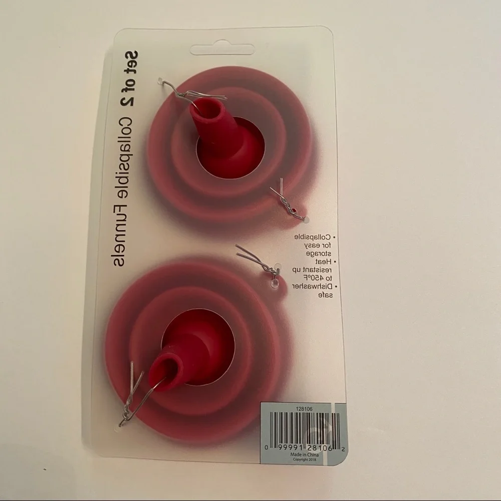 KP FUNNELS SET 2 NEW COLLAPSIBLE RED SILICONE NWT HOME KITCHEN TOOL
